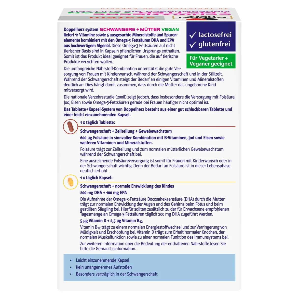 Abbildung der Produktverpackung Doppelherz system SCHWANGERE + MÜTTER VEGAN Rückansicht